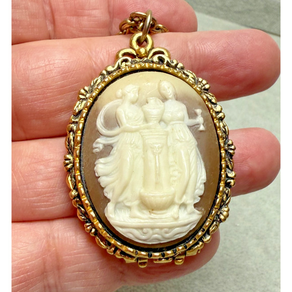 Large Vtg Max Factor Hypnotique Perfume Locket Cameo 28" Chain Necklace Muses - Picture 1 of 7